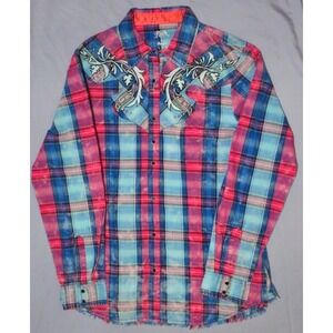 Wrangler Rock 47 Pearl Snap Shirt Women Large Pearl Buttons Beaded Embroidered